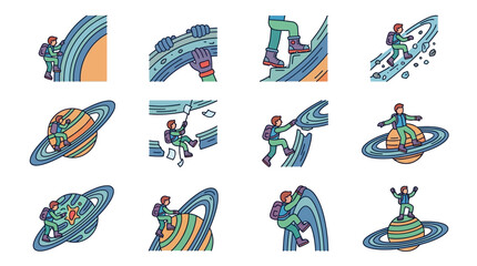Dynamic Illustrations of Astronauts Skateboarding and Performing Tricks on Planetary Rings and Space Tracks © tiok