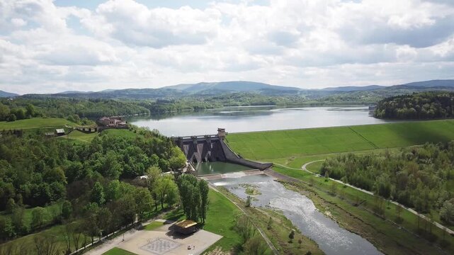 Lake Dobczyce. Water dam, view from the drone.