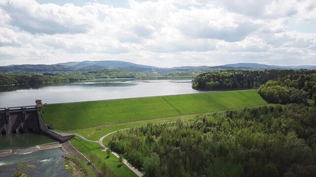 Lake Dobczyce. Water dam, view from the drone.