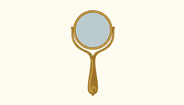 Ornate golden hand mirror in vintage style isolated on a clean ivory white background in simple flat design style.