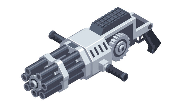 Powerful multi barrel futuristic gatling gun or minigun depicted in a detailed isometric vector illustration style.