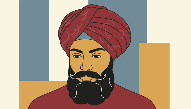 Colorful vector portrait of a distinguished Indian Sikh man wearing a traditional deep red turban and full beard.