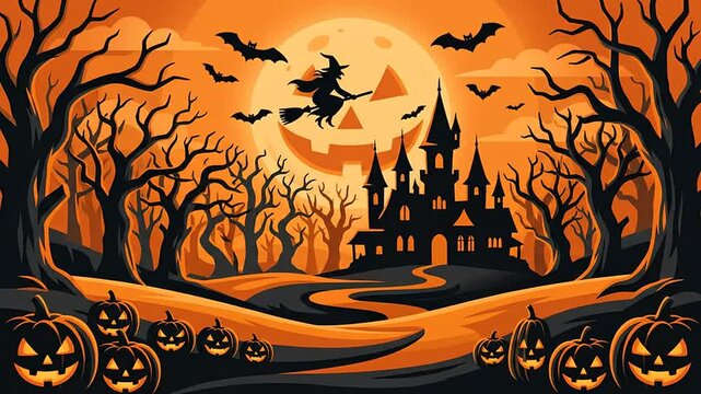 Halloween background animation featuring a flying witch bats and a spooky castle under a giant glowing moon