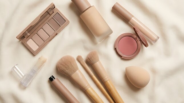 Set of makeup brushes and cosmetic products including eyeshadow palette and powder for beauty routine. beginner makeup guide