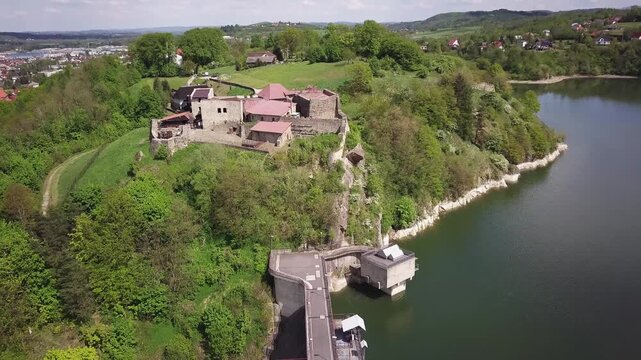 Lake Dobczyce. Water dam, view from the drone.