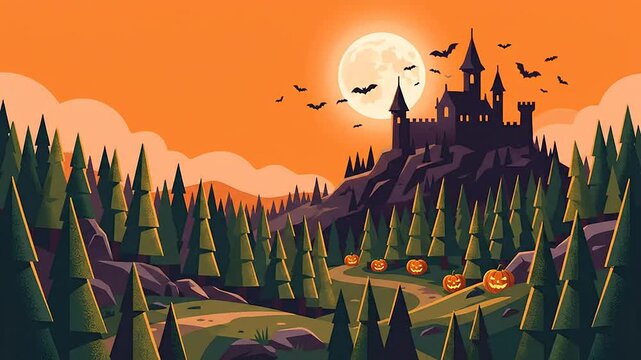 Spooky Castle on Hill with Full Moon and Pumpkins at Night