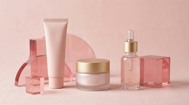 Set of cosmetic skincare products with cream tube serum bottle and glass shapes on a pink background. primer skincare set