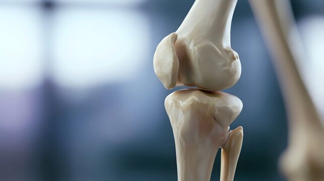 Close up view of human knee joint anatomy showing femur and tibia bones with bone texture and medical precision