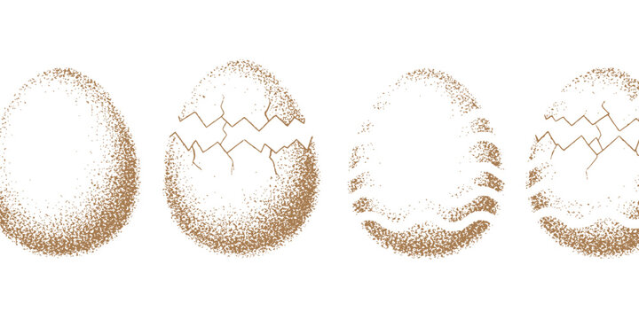 Stippled halftone textured cracked egg shell progression sequence set vector illustration on white background.