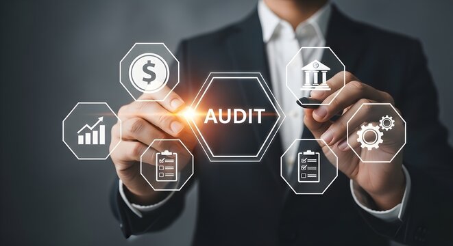 Professional Financial Audit Concept with businessman in suit interacting with glowing digital audit icons and financial data interface, ideal for corporate accounting presentations.