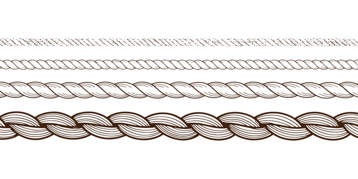 Set of nautical rope borders and braided cord seamless brushes isolated on white background vector illustration.