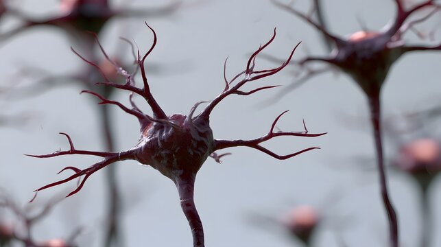 Close up of a detailed neuron with branching dendrites and axon  set against a soft blurred background of similar structures