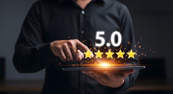 Customer Satisfaction Excellence featuring businessman holding tablet with glowing five-star rating and 5.0 score, ideal for business reputation marketing and service quality reviews.