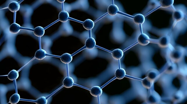 Close up view of a hexagonal lattice structure with spherical nodes and connecting bonds  rendered in cool blue tones against a dark background