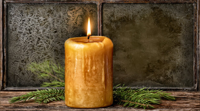 Orange pillar candle on a stone sill at a frosted black window with ice fern patterns and evergreen. Warm winter, Christmas holiday background, banners, covers,  cards, presentations. Copy space.
