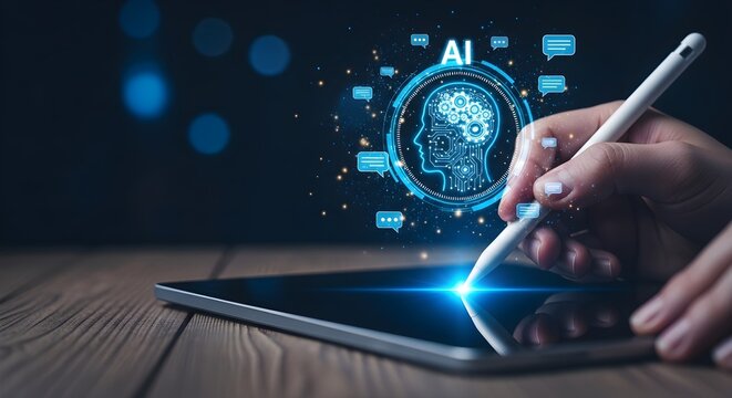 Futuristic AI Technology hand using stylus on tablet with glowing digital brain interface and chat icons ideal for tech blogs and digital transformation presentations.