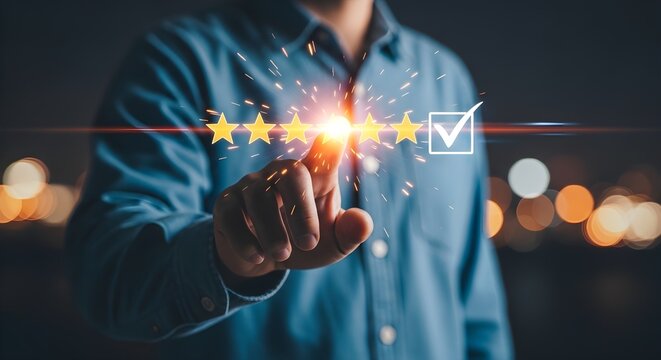 Customer Excellence Rating. Man in blue shirt touching glowing five stars and checkmark icon with bokeh background ideal for business reputation management and service quality marketing.