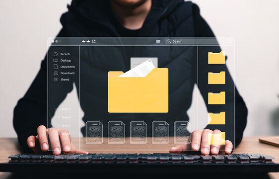 Digital document management and file organization concept. Businesswoman using computer and folders, data storage, records, search, workflow, archiving, sharing, retrieval, office information systems