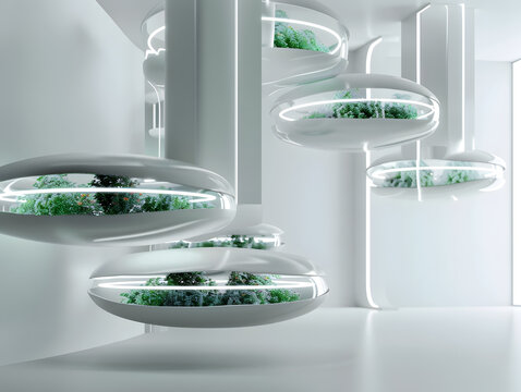 Abstract futuristic interior with floating eco platforms, modern architecture blending nature and technology, sustainable smart city concept