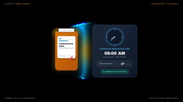 Prescription Medication Reminder Pill Bottle Tip and Dosage Count Overlay with a clock-face timer