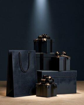 Black Friday retail advertising scene with elegant shopping bags, stacked gift boxes, promotional packaging and dramatic spotlight, premium luxury shopping aesthetic, clean dark studio background,
