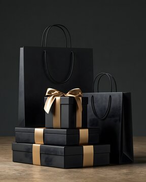 Black Friday retail advertising scene with elegant shopping bags, stacked gift boxes, promotional packaging and dramatic spotlight, premium luxury shopping aesthetic, clean dark studio background,