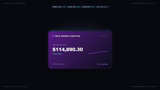Modern Financial App Dark-Mode Dashboard Card Stack Shuffle with balances and mini spark-line charts