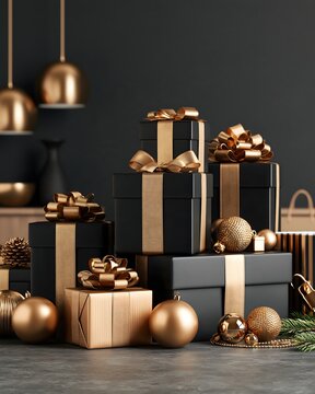 Premium Black Friday gift box composition featuring elegant black packaging, gold ribbons, metallic ornaments and subtle shopping elements, luxury product advertising aesthetic, clean studio