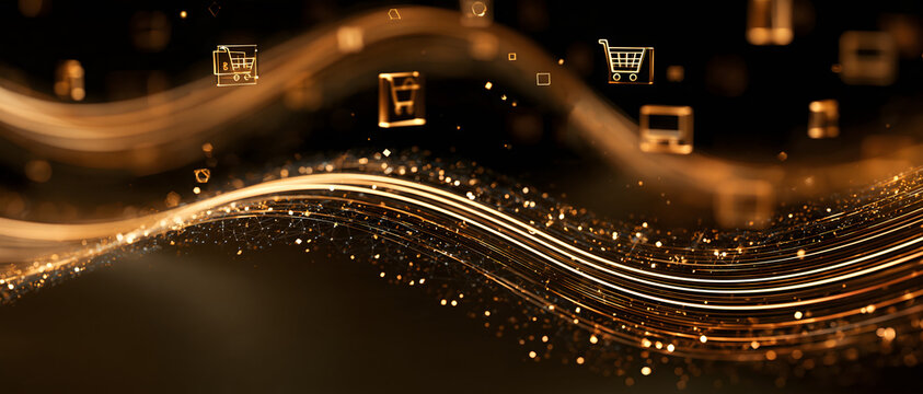 Abstract Black Friday digital commerce background featuring flowing golden light trails, floating shopping icons, geometric particles and subtle ecommerce symbols, futuristic premium aesthetic, clean