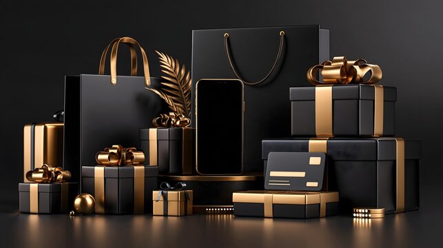 High-end Black Friday commercial composition featuring black shopping bags, luxury gift boxes, smartphone, payment card, delivery package and subtle digital retail elements, sophisticated black and