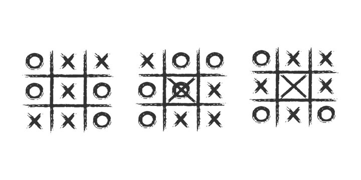 Hand drawn tic tac toe game set with black brush stroke x and o marks vector illustration.