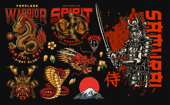 Warrior spirit theme with samurai, dragons