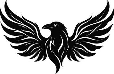 Fototapeta premium Black raven bird vector logo, tribal crow icon emblem, flying raven tattoo