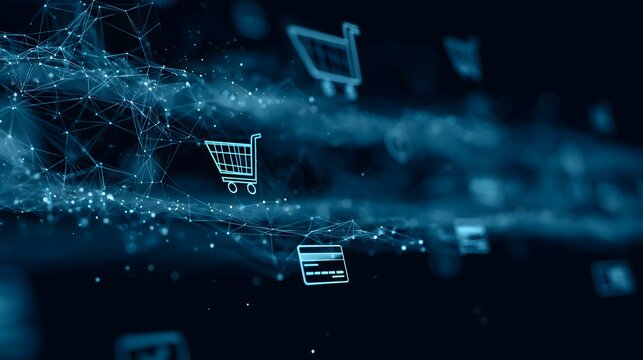 Abstract Cyber Monday digital commerce background with flowing data streams, glowing geometric particles, ecommerce icons, payment symbols and connected network nodes, futuristic premium technology