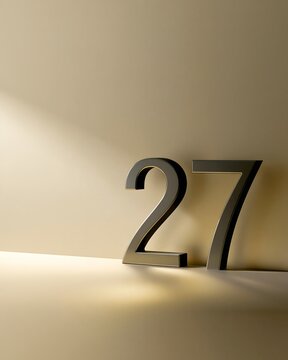Minimal New Year 2027 background featuring elegant metallic numerals, subtle shadows, soft gold illumination and generous negative space, sophisticated modern graphic design