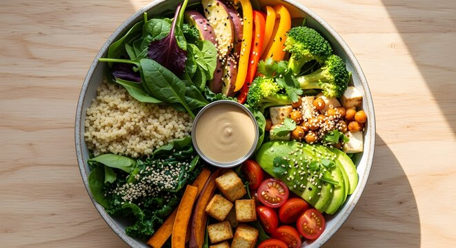 A bowl of colorful "Buddha Bowl" ingredients neatly separated (grains, greens, protein, sauce).