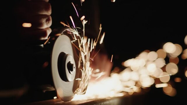Close up of angle grinder cutting metal with sparks flying in dark workshop footage.