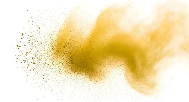 A cloud of fine, yellow pollen powder dispersing in air, isolated on white.