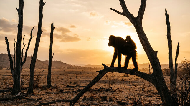 Ape carrying baby on tree branch at sunset
