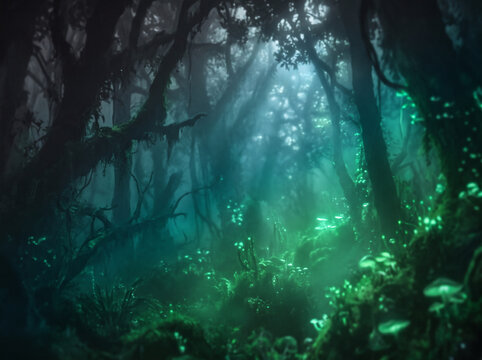 Title (Optimized for Search)
Dark enchanted forest background with magical glowing green lights and fog. Eerie mystical woodland fantasy landscape