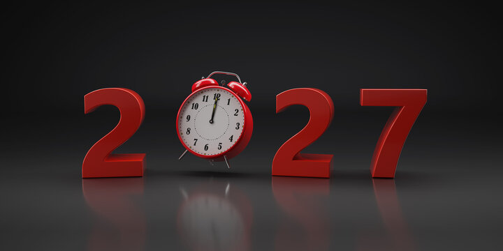 Year 2027 in three dimensions with alarm clock on dark background. New year concept. 3d illustration.