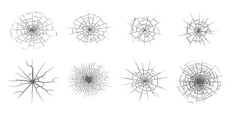 Obraz premium Set of broken glass texture with bullet hole cracks radial spiderweb shatter marks vector illustration.