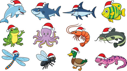 Obraz premium Sea Creatures & Animals in Santa Hats – Christmas Ocean & Wildlife Cartoon Set