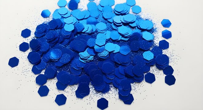 Chunky, hexagonal ultramarine blue glitter flakes scattered on a white surface.