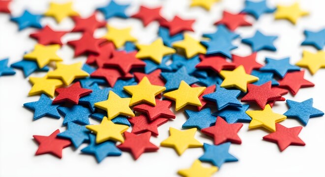 Colorful paper star confetti in red, blue, and yellow, randomly scattered on white.