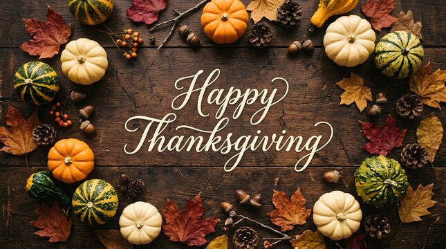Festive thanksgiving day flat lay with pumpkins autumn leaves and elegant calligraphy