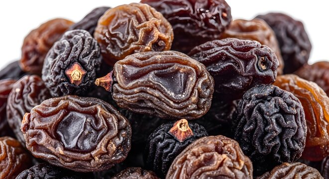 Raisins heap macro texture, isolated white background