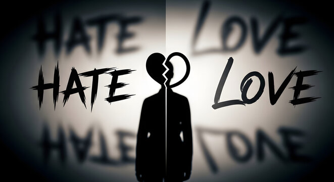 Split Persona &mdash; Hate vs Love with Broken Heart Silhouette, Dark and Light Contrast