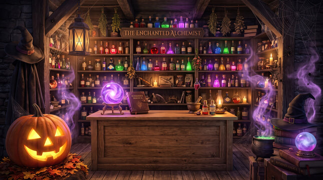 Halloween potion shop background with glowing bottle, oversized pumpkin, crooked witch hat, magical shelf, and mystical vapor creating enchanting.