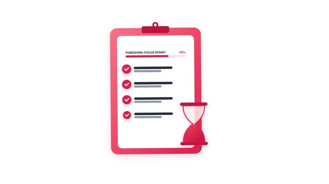 Modern business clipboard with red checkmark tasks and an hourglass timer on white background, target achievement checklist and time management checklist for completing tasks, perfect for corporate